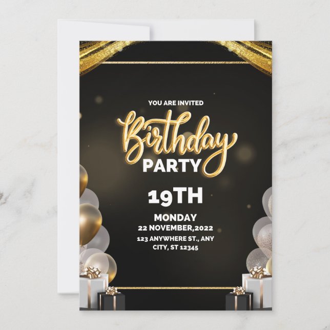 Black and Gold Birthday Invitation (Front)
