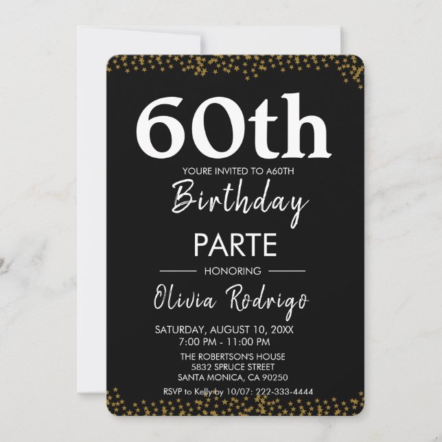 Black and Gold Birthday Invitation, Editable 60th  Invitation (Front)