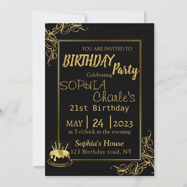Black and Gold Birthday party Invitation (Front)