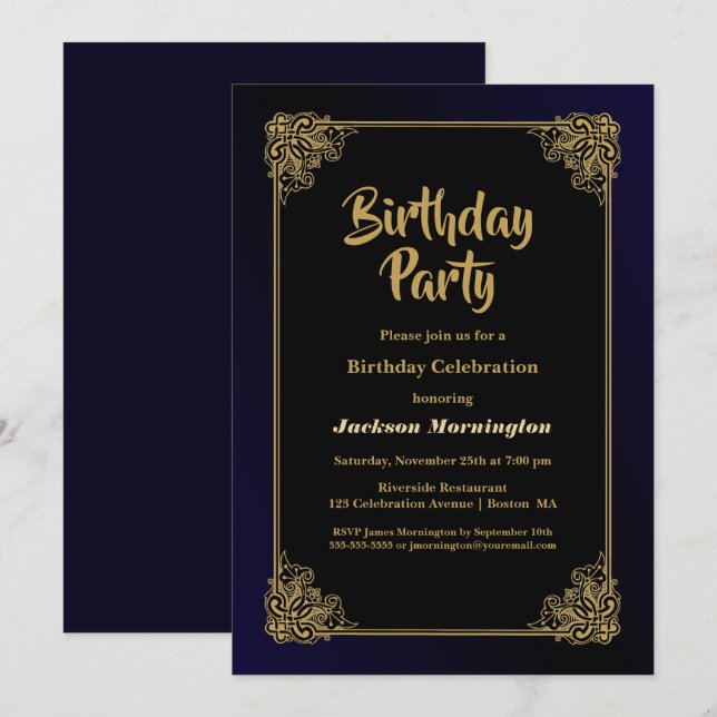 Black and Gold Birthday Party Invitation (Front/Back)