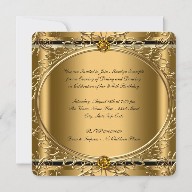 Black and Gold Birthday Party Invitation (Back)