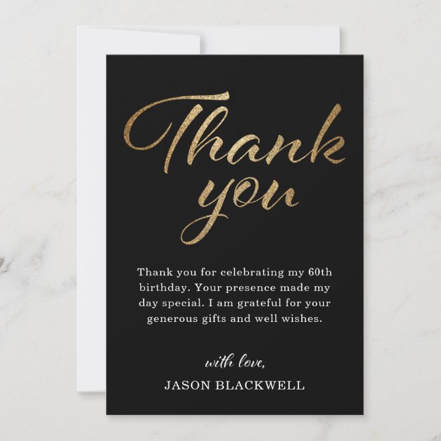 Black and Gold Birthday Thank You Card (Front)