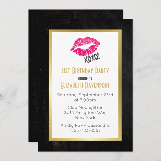 Black and Gold Birthday with Pink Kissy Lips Invitation (Front/Back)