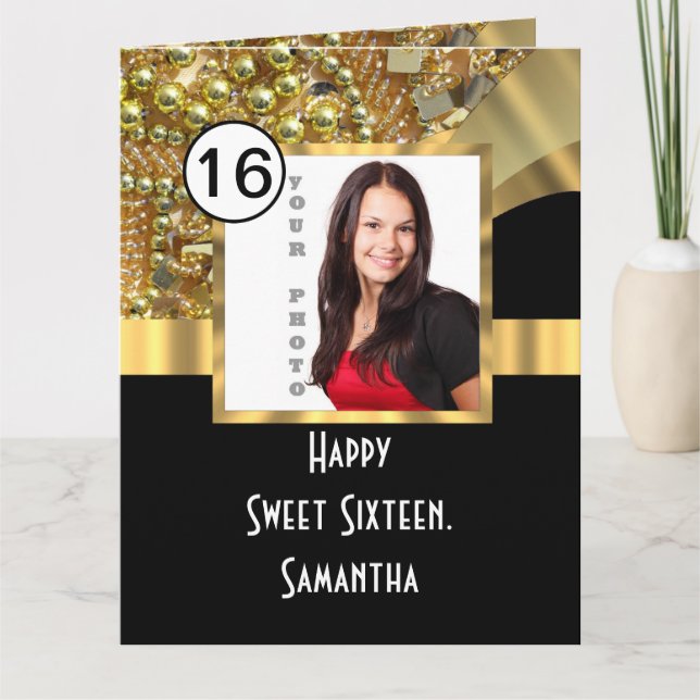 Black and gold bling sweet sixteen thank you card (Front)