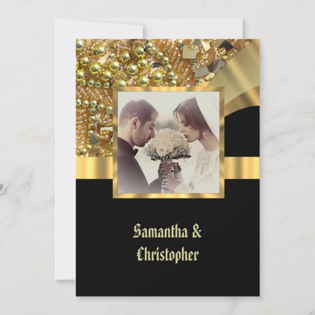 Black and gold bling wedding photo invitation (Back)