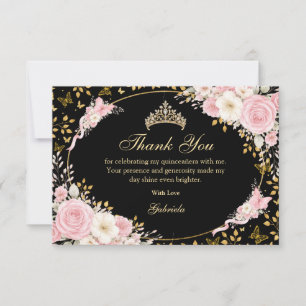 Black and Gold Blush Pink Quinceañera Butterfly Thank You Card