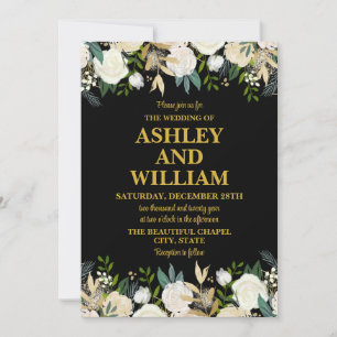 Black and Gold Boho Bohemian Chic Greenery Wedding Invitation