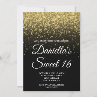 Black and Gold Bokeh Confetti Sweet 16 Invitation