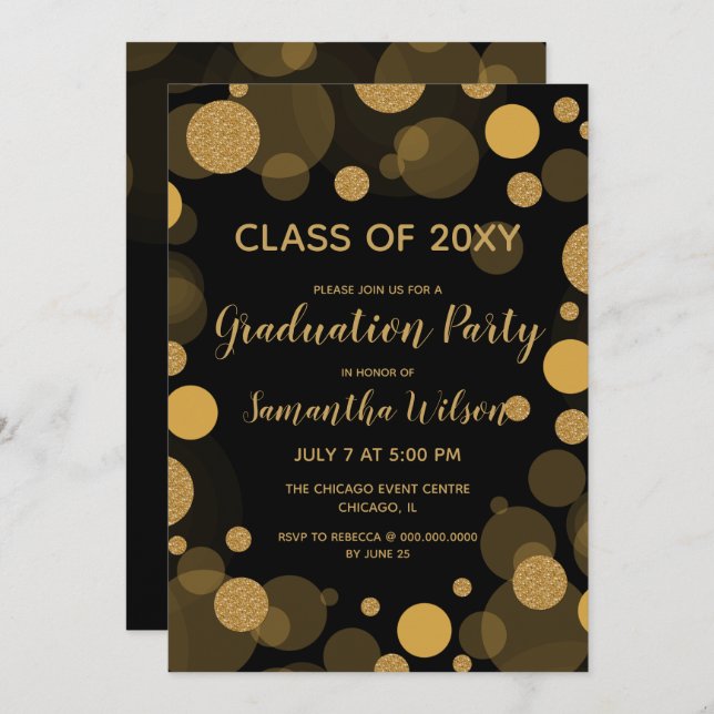Black and Gold Bokeh Lights Graduation Party Invitation (Front/Back)