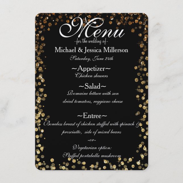 Black and Gold Bokeh Print Wedding Menu (Front)