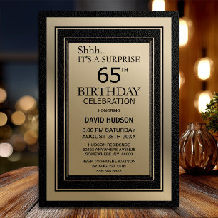 Black and Gold Border Surprise 65th Birthday Party Invitation