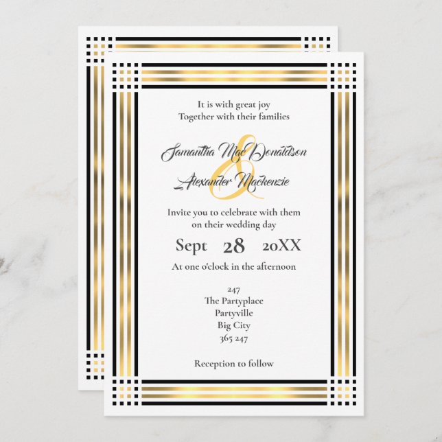Black and gold border wedding invitation (Front/Back)