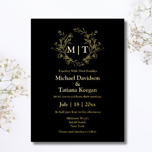 black and gold botanical monogram wedding  foil invitation postcard