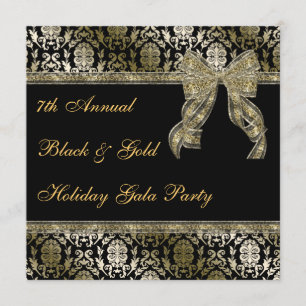 Black and Gold Bowed Damask Holiday Party Invite