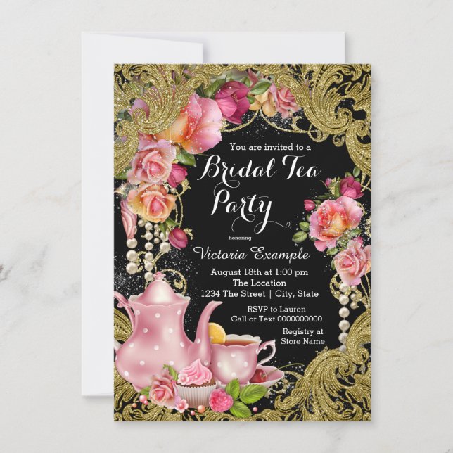 Black and Gold Bridal Tea Party Invitation (Front)