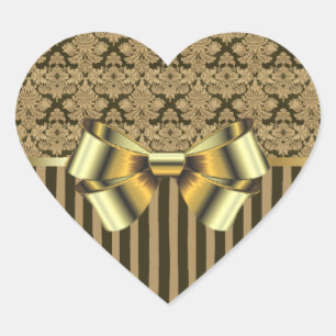 Black and Gold Brocade and Bows Heart Sticker