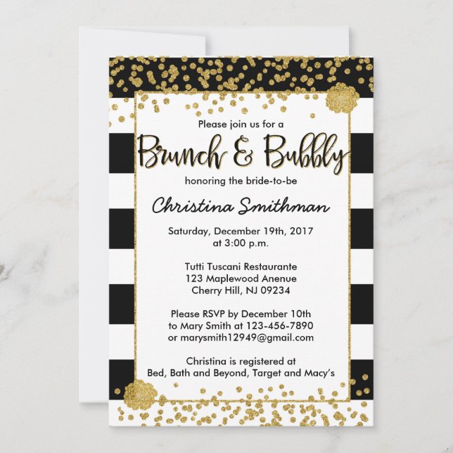 Black and Gold Brunch and Bubbly Invitations (Front)