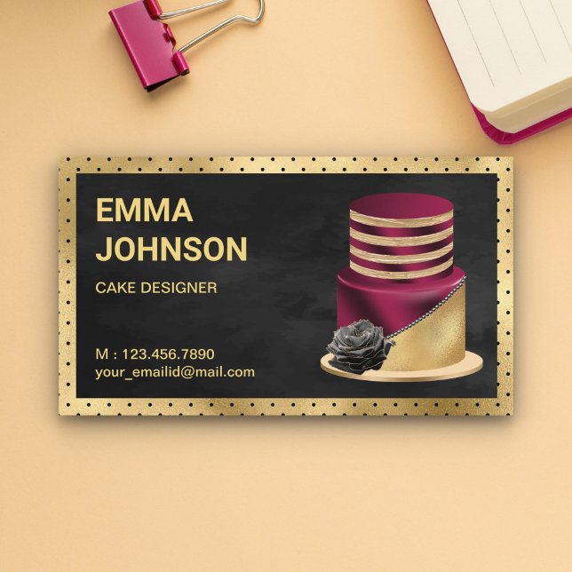 Black and Gold Burgundy Cake Pastry Chef Bakery Business Card (Creator Uploaded)