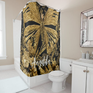 Black and Gold Butterflies Shower Curtain