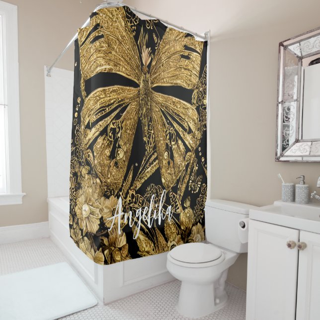 Black and Gold Butterflies Shower Curtain (In Situ)