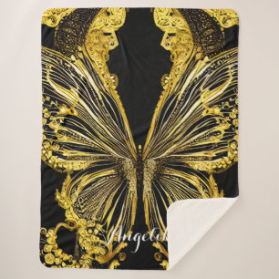 Black and Gold Butterfly Personalised Name Sherpa Blanket
