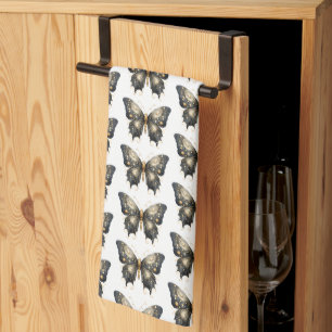 Black and Gold Butterfly White Pattern Halloween Tea Towel