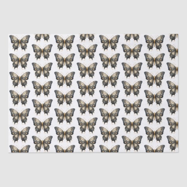 Black and Gold Butterfly White Pattern Halloween Tissue Paper (Front)
