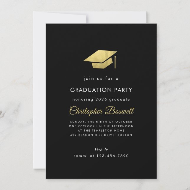 Black and Gold Cap Glitter Graduation Invitation (Front)