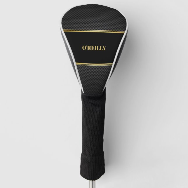 Black and Gold Carbon Pattern Modern Monogram Golf Head Cover (Front)