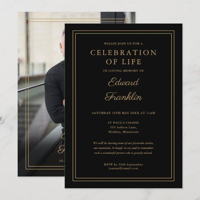 Black And Gold Celebration Of Life Funeral Photo Invitation (Front/Back)