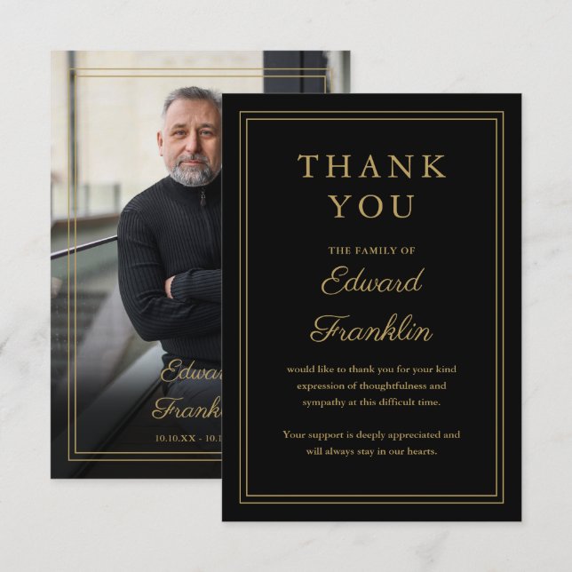 Black And Gold Celebration Of Life Funeral Photo Thank You Card (Front/Back)
