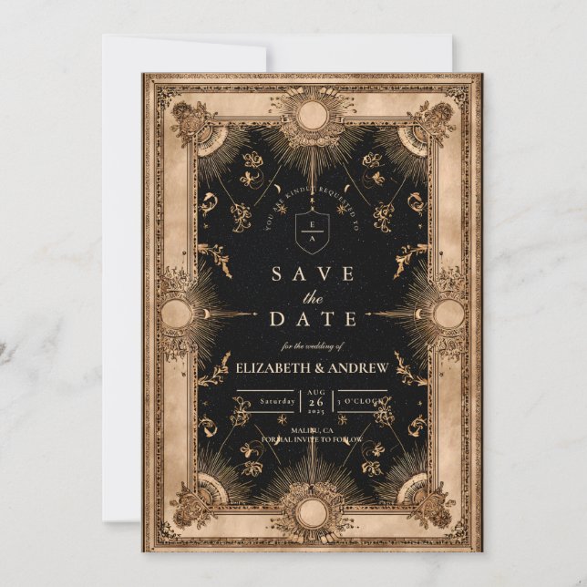 Black and Gold Celestial Baroque Wedding Save The Date (Front)