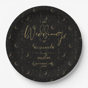 Black And Gold Celestial Stars And Moons Wedding Paper Plate