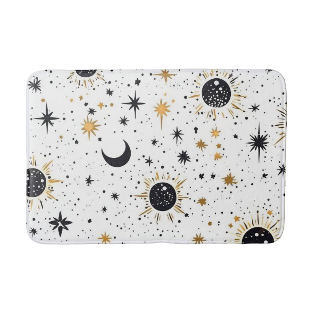 Black and Gold Celestial Sun Moon Stars Bath Mat (Front)