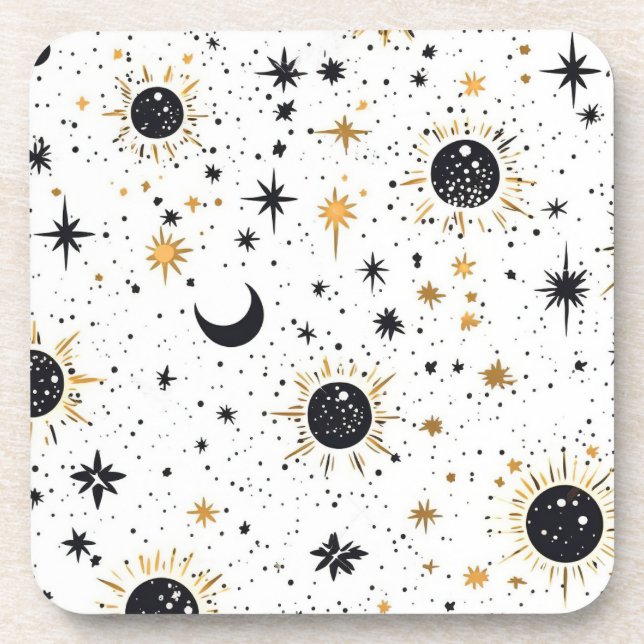Black and Gold Celestial Sun Moon Stars Coaster (Front)