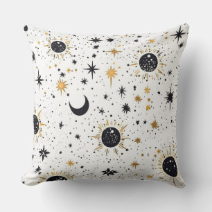 Black and Gold Celestial Sun Moon Stars Cushion