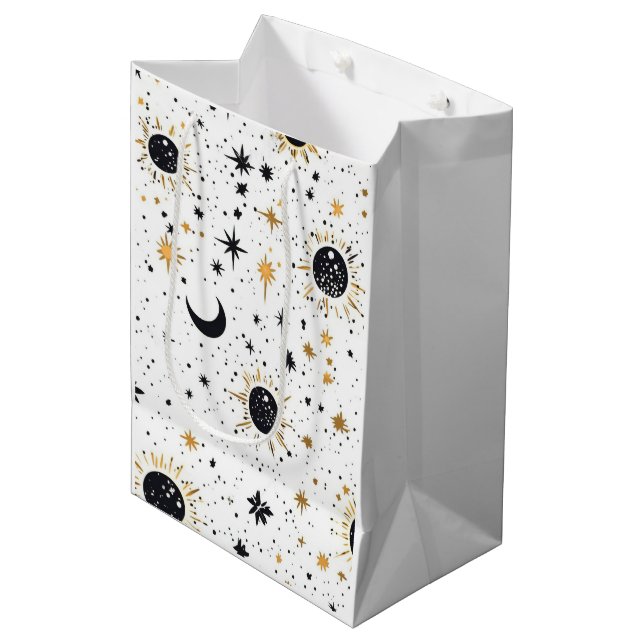 Black and Gold Celestial Sun Moon Stars Medium Gift Bag (Front Angled)