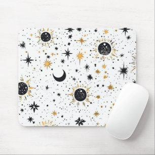 Black and Gold Celestial Sun Moon Stars Mouse Mat