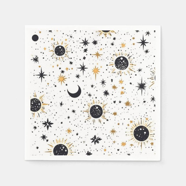 Black and Gold Celestial Sun Moon Stars Napkin (Front)