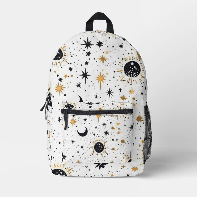 Black and Gold Celestial Sun Moon Stars Printed Backpack (Front)