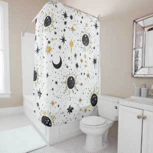 Black and Gold Celestial Sun Moon Stars Shower Curtain