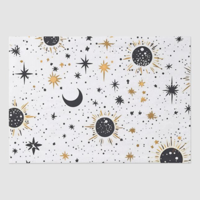 Black and Gold Celestial Sun Moon Stars Tissue Paper (Front)