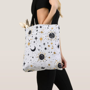 Black and Gold Celestial Sun Moon Stars Tote Bag