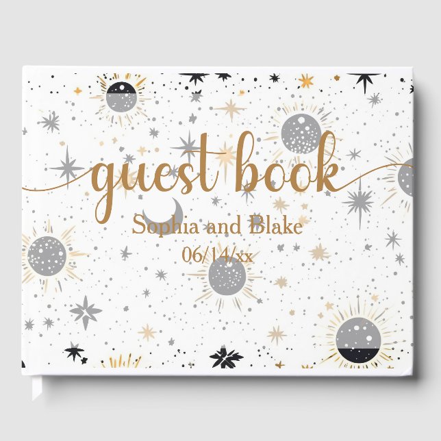 Black and Gold Celestial Sun Moon Stars Wedding Guest Book (Front)