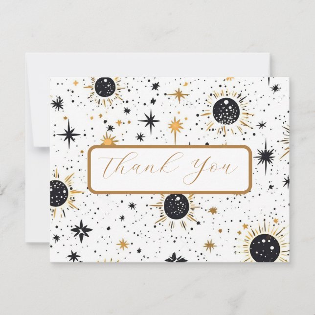 Black and Gold Celestial Wedding Thank You Card (Front)