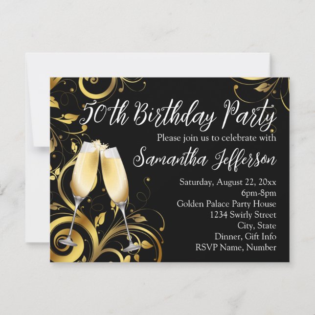 Black and Gold Champagne 50th Birthday Party Invitation (Front)