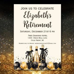 Black and Gold Champagne Retirement Party Invitation