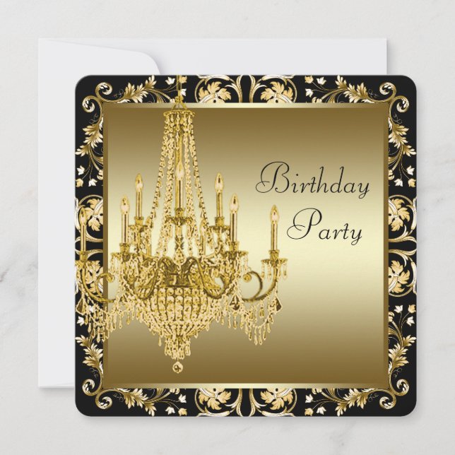 Black and Gold Chandelier Birthday Party Invitation (Front)