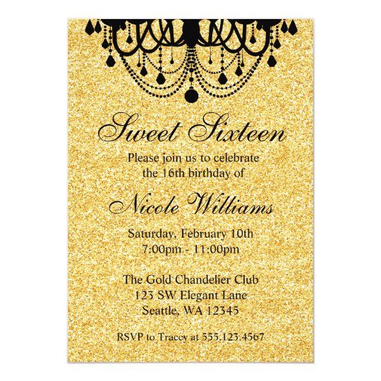 Black and Gold Chandelier Sweet 16 Birthday Card