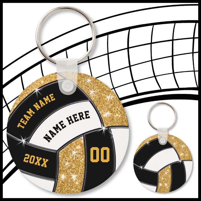 Black and Gold Cheap Volleyball Gifts 4 Text Boxes Key Ring (Personalized Volleyball Keychains. Volleyball Souvenirs. Black, Gold, White, Volleyball Party Favors)